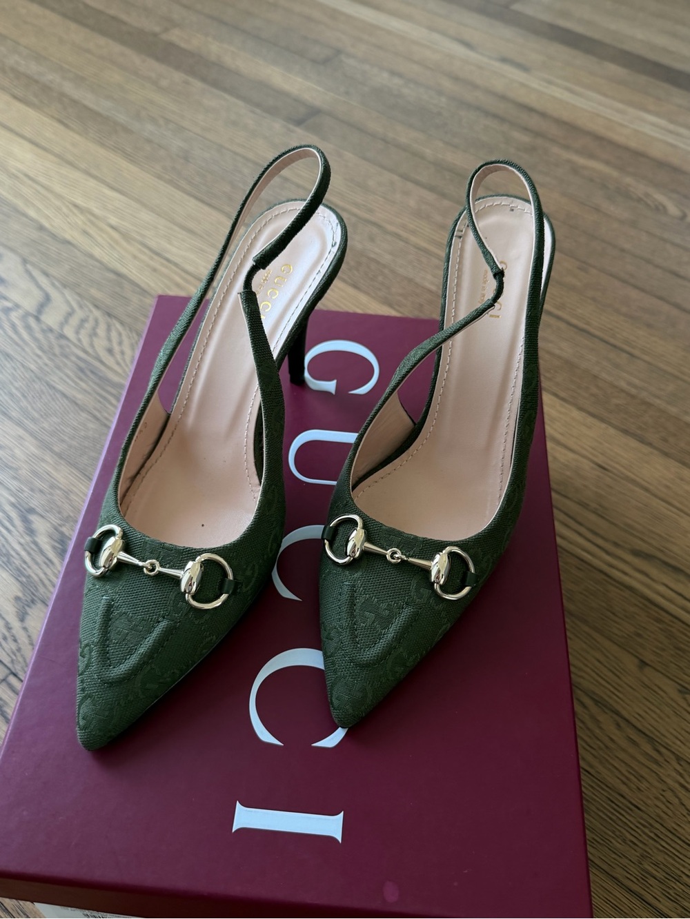 Gucci Olive Green Slingback Horsebit Pointed Heels